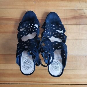 Black suede laser cut detail mid heeled sandals